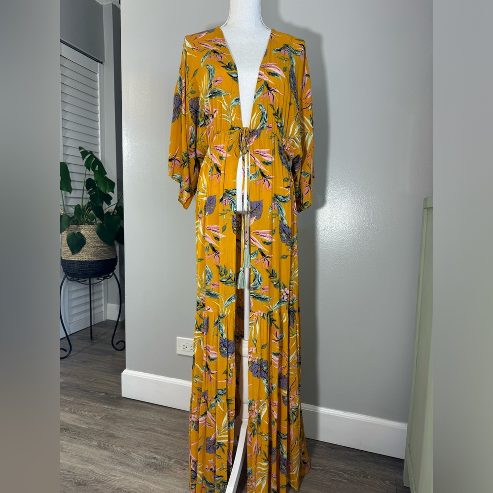 Aakaa Kimono, Tropical Cover Up, Long Cardigan, Size L